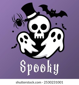 A vector illustration and logo featuring multiple Halloween creatures, including ghosts, a skeleton, bats, and a spider. Perfect for spooky decorations, themed designs, or Halloween event promotions.