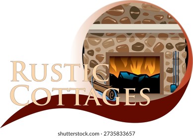 A vector illustration of a logo for “Rustic Cottages,” featuring a stone fireplace with a warm fire beside the business name. The design conveys rustic charm, cozy interiors, and is suitable for hospitality, home decor, or cottage-themed branding and services.