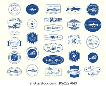 Vector Illustration with logo for fish restaurant or fish market. Logo set for fish restaurant or bar with a picture of the fish. Blue sings on white background.