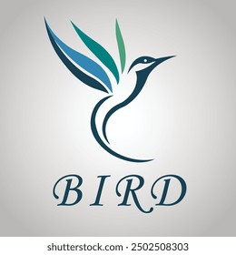 A vector illustration and logo of a flying and majestic bird in blue and green colors, capturing its grace and elegance in motion. Ideal for dynamic and colorful designs.