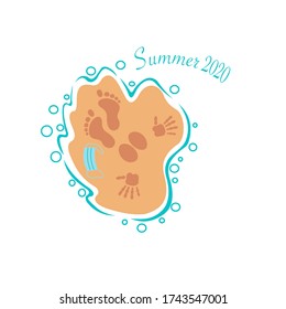 Vector illustration. Logo. Footprints of a vacationer in the sand with a discarded medical mask. Summer 2020.
