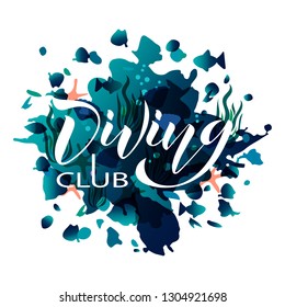 Vector illustration logo of freediving club on water background. Lettering typography poster. Concept for shirt or logo, print. EPS 10