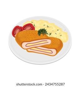 Logo de ilustración vectorial Pollo frito schnitzel cordon bleu con puré de patata 