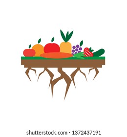 vector illustration logo fruits land with root floating apple grape pineapple orange strawberry tomato cucumber salad juice in flat design cartoon style