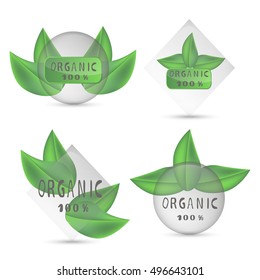 Vector illustration of logo for green label organic, natural product closeup on white background. Organic drawing consisting of market premium health, fresh banner food, bio organics, green leaf.