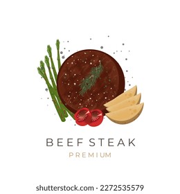Vector Illustration Logo of Grilled Beef Steak With Vegetables Asparagus Potatoes Tomatoes And Salt Pepper Sprinkle