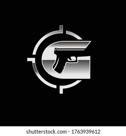 A vector illustration logo for Gun and Tactical company logo brand with letter G Initial with psitol Gun as a negative space inside letter G 