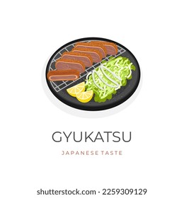 Vector Illustration Logo of Gyu Katsu Or Beef Katsu On A Grill Pan Complete With Vegetables