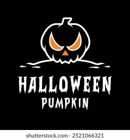  A vector illustration and logo of a half pumpkin in black resting on the ground, with "Halloween" and "Pumpkin" written beneath it, perfect for Halloween-themed designs and festive decorations.