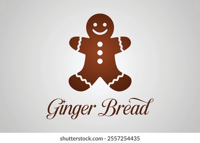 A vector illustration and logo of a happy, smiling Christmas gingerbread cookie in brown set on a cheerful gray background, perfect for festive designs and holiday-themed projects.