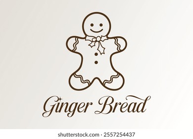 A vector illustration and logo of a happy, smiling Christmas gingerbread cookie with a brown outline on a cheerful white background with elegant font, for festive designs and holiday-themed projects.