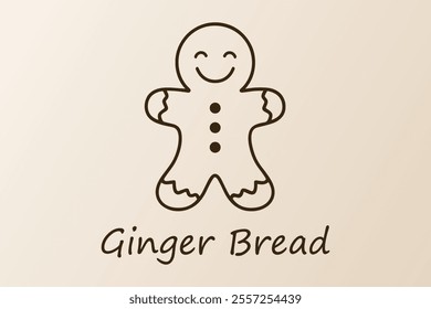 A vector illustration and logo of a happy, smiling Christmas gingerbread cookie with a brown outline set on a cheerful yellow background, perfect for festive designs and holiday-themed projects.