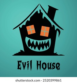 Ilustração vetorial e logotipo de uma casa assombrada de Halloween com dentes afiados e ameaçadores e uma expressão de risada assustador, perfeito para decorações estranhas e desenhos assombrados.