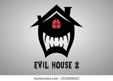 Ilustração vetorial e logotipo de uma casa assombrada de Halloween com uma janela vermelha como um olho e dentes afiados, ameaçadores mais uma expressão de risada assustador, perfeito para decorações estranhas e desenhos assombrados.