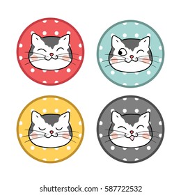 Vector illustration logo head of cute cat with polka dot.Doodle cartoon style.