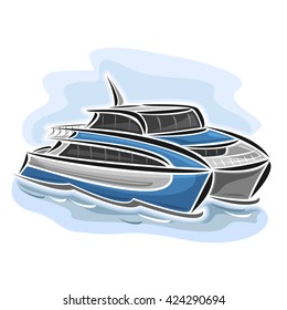 Vector illustration of logo for high-speed ferry catamaran on blue background.