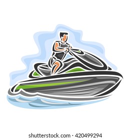 Vector illustration of logo for high-speed jet ski on blue background. 