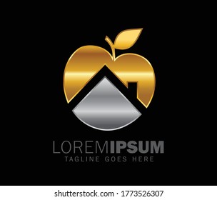 Ein Vektorgrafik-Logo des Hauszeichens mit Apfel- und Blattfarbe in Gold und Silber 