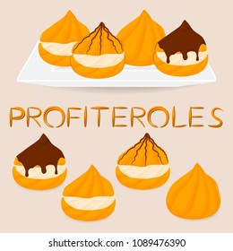 Vector illustration logo for homemade dessert puff cake profiterole. Profiterole consists of sweet confectionery, choux pastry with soft custard. Eat confectionery cakes profiteroles with chocolate.