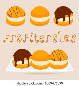 Vector illustration logo for homemade dessert puff cake profiterole. Profiterole consists of sweet confectionery, choux pastry with soft custard. Eat confectionery cakes profiteroles with chocolate.