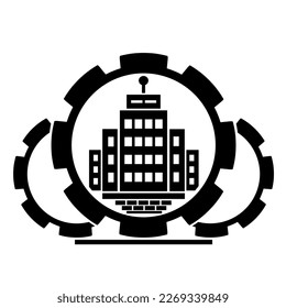Vector illustration, logo, house icon, building. Gears. Isolated on a white background.