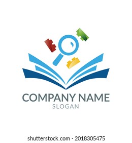 Vector illustration. Logo icon of book, magnifying glass and bricks