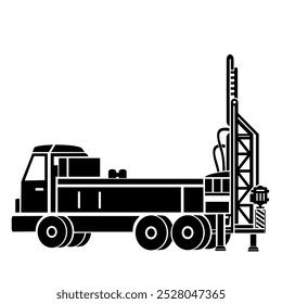 Ilustración vectorial, logotipo, icono de un coche y una plataforma de perforación. La industria de la construcción. Aislado en un fondo blanco.