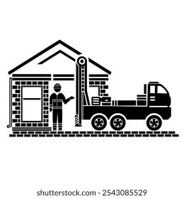 Vektorgrafik, Logo, Symbol eines Autos und einer Bohranlage. Die Bauindustrie. Einzeln auf weißem Hintergrund.	