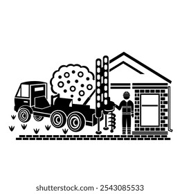 Ilustração vetorial, logotipo, ícone de um carro e um equipamento de perfuração. A indústria da construção. Isolado em um fundo branco.	