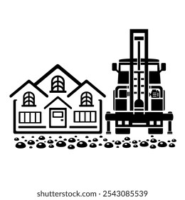 Ilustração vetorial, logotipo, ícone de um carro e um equipamento de perfuração. A indústria da construção. Isolado em um fundo branco.	
