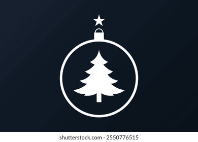 A vector illustration, logo and icon of a Christmas tree wrapped within a circle with a star above, all in white, perfect for holiday branding and seasonal designs and business cards or logo.