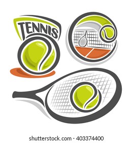 Vector illustration of the logo for icon club lawn tennis, consisting of green ball, net on brown court with isolated tennis racket and ball, racquet closeup on white background