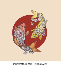 Vector illustration logo icon design template koi japanese with cherry blossom 