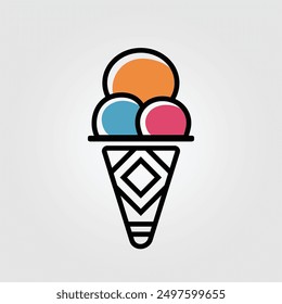 A vector illustration and logo, icon featuring an ice cream cone with three colorful scoops and a uniquely designed cone with geometric squares. Ideal for eye-catching dessert-themed designs.