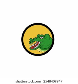 Ilustração vetorial de um ícone de logotipo com uma cabeça de crocodilo de desenho animado sorridente sobre um fundo amarelo brilhante. Perfeito para logotipos, marcas ou conteúdo educacional sobre répteis.