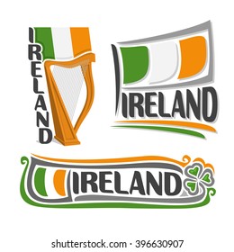 Vector illustration of the logo for Ireland, consisting of 3 isolated illustrations: national state flag above the harp, symbol of Ireland and the flag on background of leaf green clover