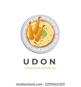 Vector Illustration Logo Japanese Dish Udon Noodle Soup Topped with Shrimp Tempura