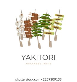 Vector Illustration Logo of Japanese Yakitori With 
Chilli, Beef, Vegetables, and Quail Egg Grilled on Bamboo Skewer