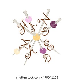 Vector illustration. Logo for knitting.  Logo Handmade. Yarn balls from wool. Knitting wool. Letters Handmade on spokes.