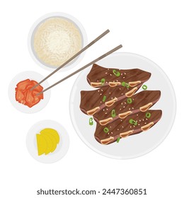 Vector Illustration Logo Korean Ribs barbecue Galbi Gui with added side dish 