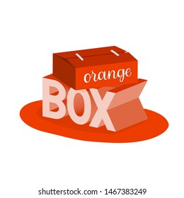 Vector illustration for logo, label or design. Orange box, volumetric letters, script and sans-serif.