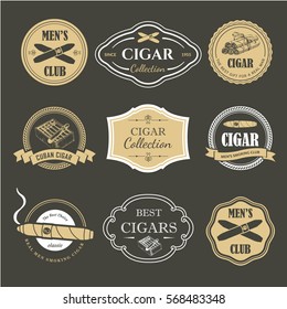 Vector Illustration with logo and labels. Simple symbols tobacco, cigar. Traditions of smoke. Decorative elements, icon for your design. Gentleman style.