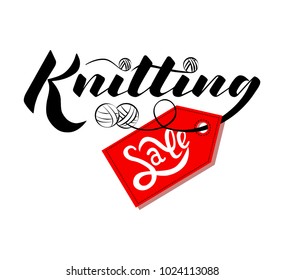 Vector illustration logo lettering knitting SALE for shop, notebook, sticker, copybook, notepad, sketchbook. for hand made shop, exhibition, master class, training and knit design project. Trend font 