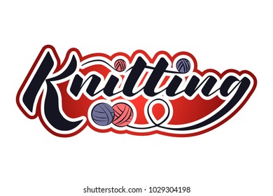 Vector illustration logo lettering knitting for shop, notebook, sticker, copybook, notepad, sketchbook. for hand made shop, exhibition, master class, training and knit design project. Trend font 