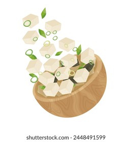 Vector illustration logo Levitation Japanese miso soup on a wooden bowl