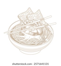 Vector Illustration Logo Line art Mie ayam ceker or Indonesian Chicken noodles soup