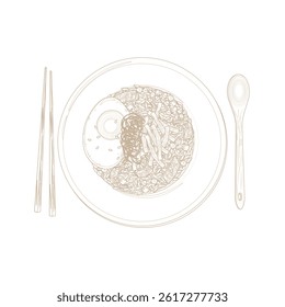 Vector Illustration Logo Line art Top View Kimchi Fried Rice on a Plate