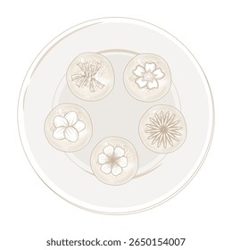 Vektorgrafik Logo Linie Kunst Draufsicht Hwajeon Koreanisch Sweet Rice Cakes mit Blumen 