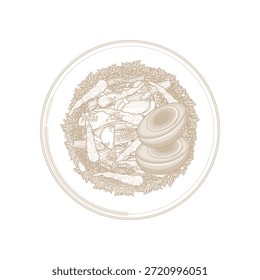 Vector Illustration Logo Line art Top view Korean Food Jang jorim or Jjang Jorim with Rice 