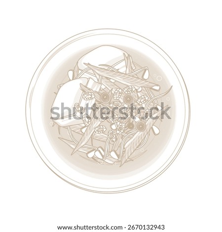 Vector Illustration Logo Line art Top View Dried pollock soup Bugeoguk on a Bowl